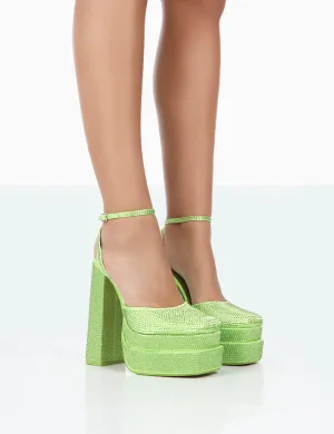 Moonchild Lime Sparkly Diamanté Satin Statement Platform Block Heels