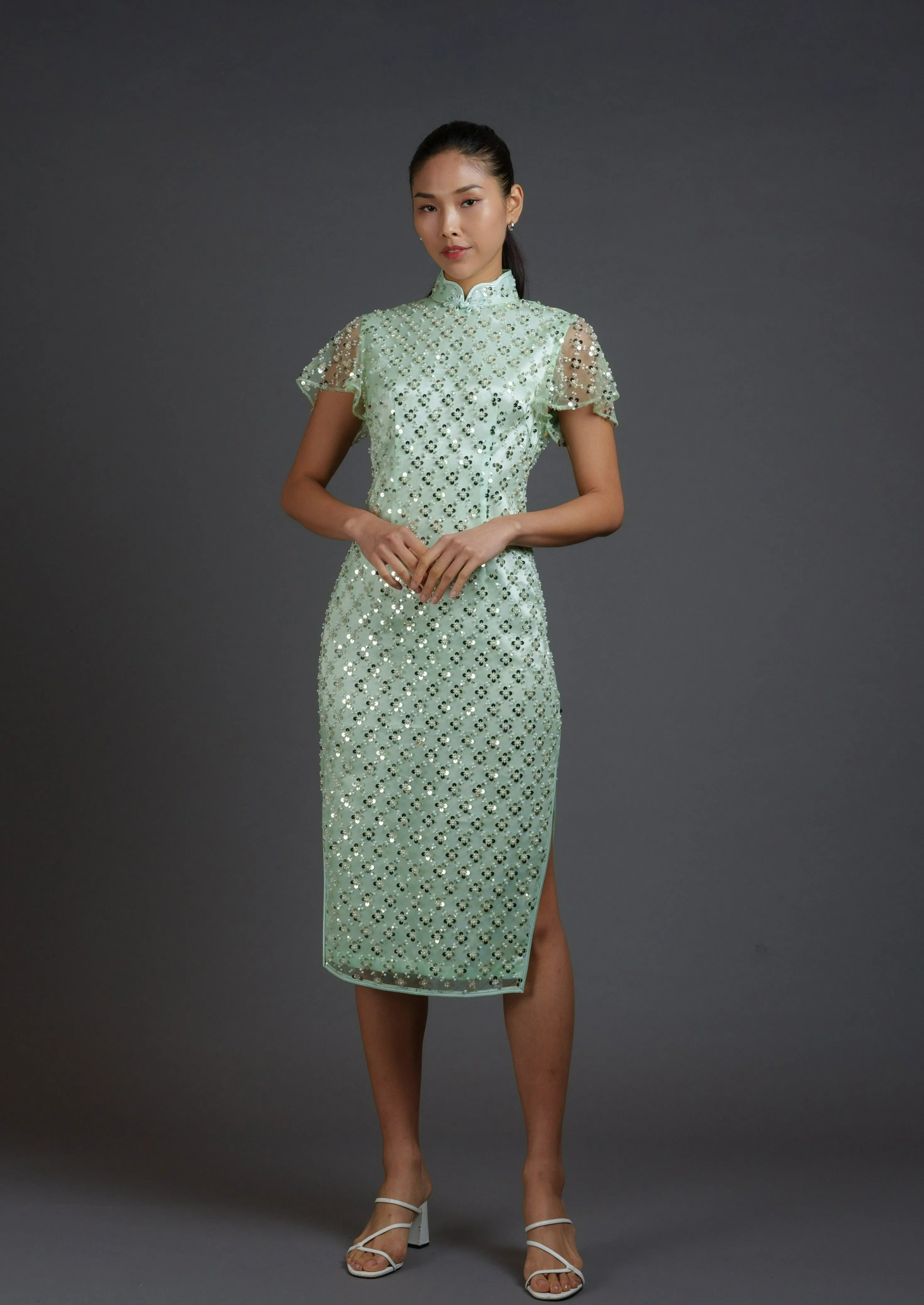 Periwinkle Sequinned Qipao (Green Apple)