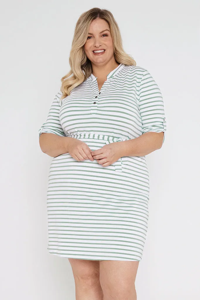 Tab Sleeve Dress- Seafoam Stripe