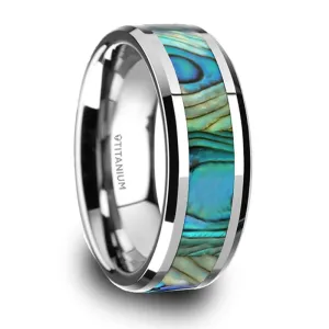 Thorsten Kaui Titanium Polished Finish Mother Of Pearl Inlaid Beveled Wedding Band (8mm) T6015-TPMP