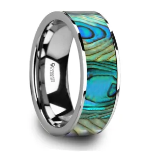 Thorsten Laurant Tungsten Flat Wedding Band w/ Mother Of Pearl Inlay & Polished Finish (8mm) W5977-TCMOP