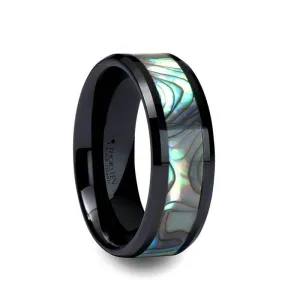 Thorsten OAHU Beveled Black Ceramic Ring with Shell Inlay - 8mm